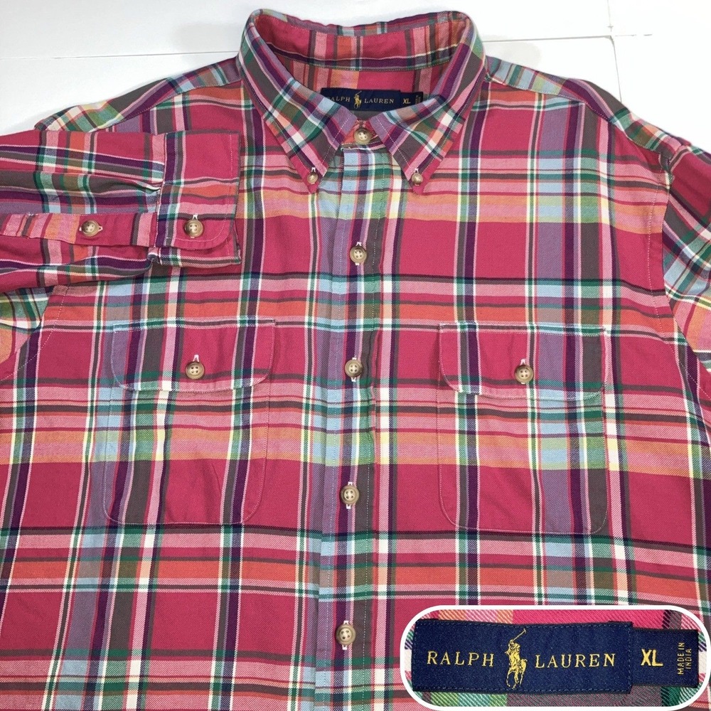 Polo Ralph Lauren Shirt Mens XL Pink Plaid Button Down Cotton‎ Twill Long Sleeve